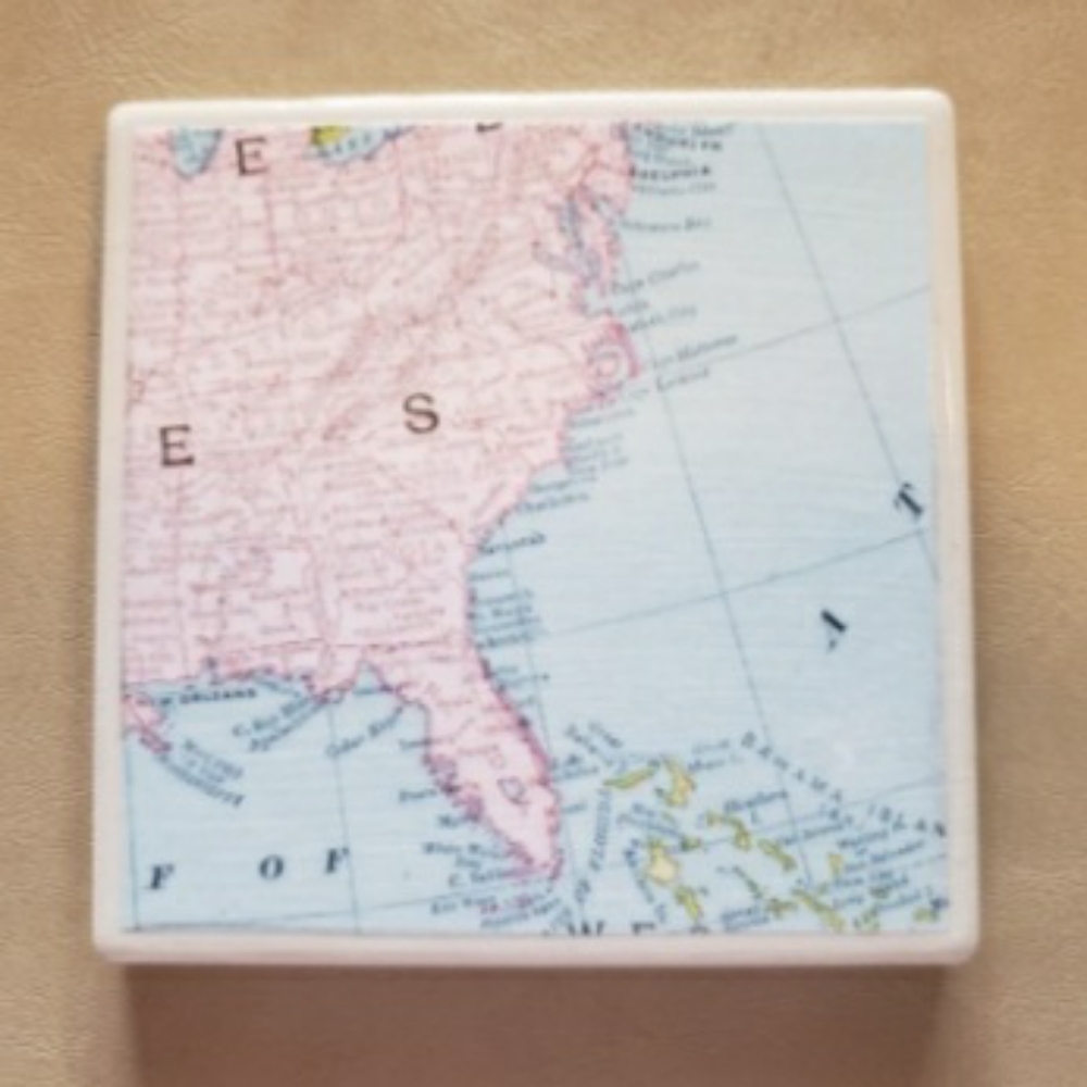 INDIVIDUAL DECOUPAGE SINGLE CERAMIC TILE COASTER WITH MAP DESIGN